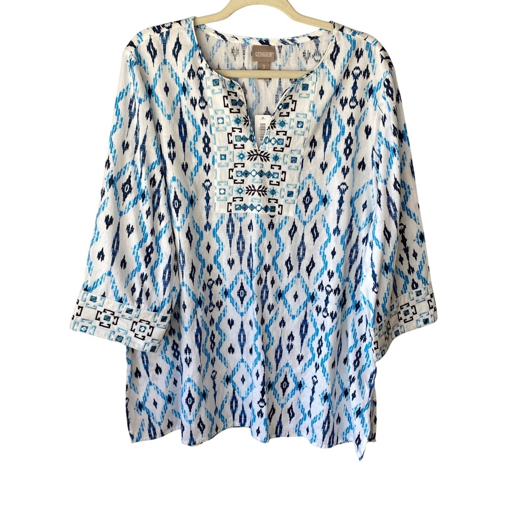 Chicos Caribbean Ikat Linen Tunic Top Blue White Mirror Embroidered 3/4 Sleeve 3